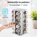  LuZana® Draaibaar Kruidenrek -RVS- Staand Met Potjes - 20 Kruidenpotjes Met Strooideksel – Incl. Labels, Krijtstift En Trechter