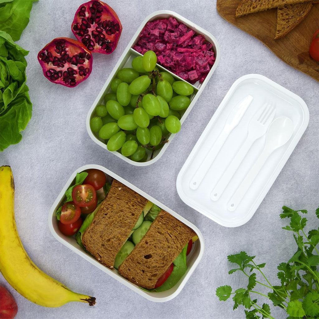  Homra Lunchbox STAQS Grey - Bento Box - 2 Laags Broodtrommel - 3 Compartimenten - Grijs - Lunch To Go - Duurzaam Kunststof - BPA Vrij - 3 Vaks Lunchtrommel Voor Volwassenen - Inclusief Bestek - Magnetron, Diepvries, Vaatwasser Bestendig - Vers Houden
