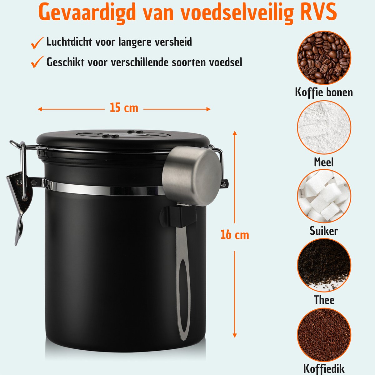  Koffie Bewaarbus Luchtdicht Met CO2 Uitlaat - Koffieblik Bewaarblik Voor 500 Gr Koffiebonen - Zwart - 1.2L