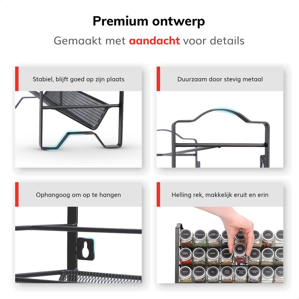  Deleca Kruidenrek Organizer Met 24 Kruidenpotjes - Vierkant - Strooideksel &amp; Labels - Ophangbaar Of Staand - Industrieel / Zwart