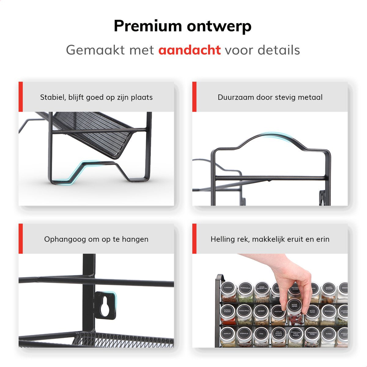  Deleca Kruidenrek Organizer Met 24 Kruidenpotjes - Vierkant - Strooideksel &amp; Labels - Ophangbaar Of Staand - Industrieel / Zwart