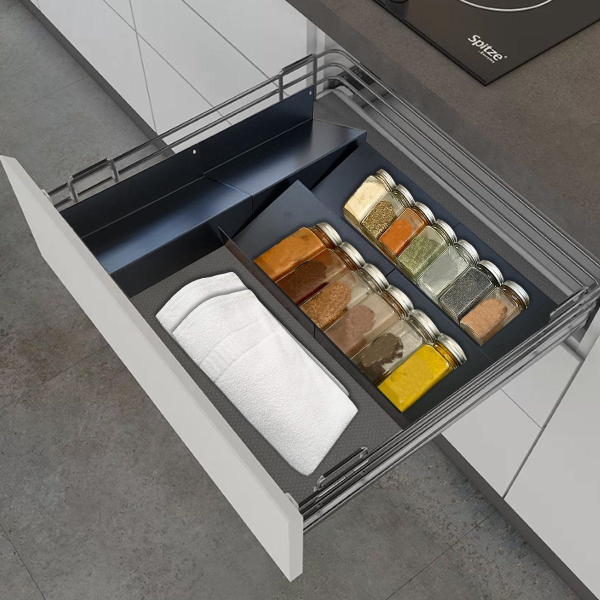  Kitchenful Kruidenrek Lade - Kruiden Organiser - 6 Stuks - Zwart - Verstelbaar - Metaal - Kruiden Opberger
