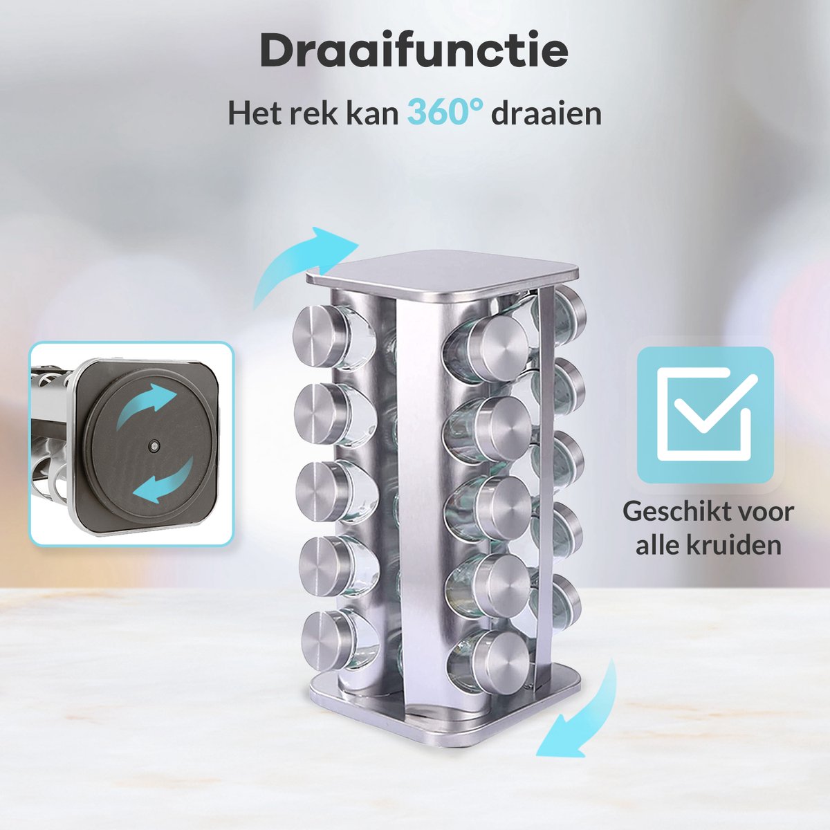  LuZana® Draaibaar Kruidenrek -RVS- Staand Met Potjes - 20 Kruidenpotjes Met Strooideksel – Incl. Labels, Krijtstift En Trechter