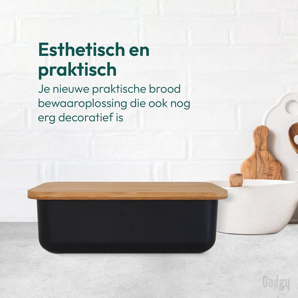  Gadgy Broodtrommel Met Bamboe Deksel – Brooddoos Met Snijplank - 36x19.5x11.5 Cm- Zwart