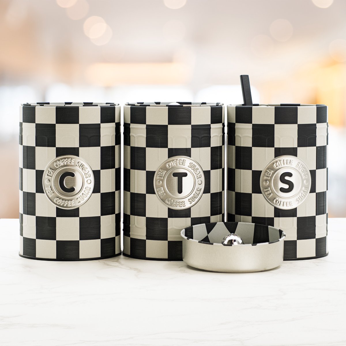  Industrial Living Voorraadblikken – Voorraadbussen Koffie Thee Suiker – Bewaarblik – Checkerboard – Voorraadpot Geblokt Voor Koek – Metaal - Set Van 3 – Zwart - Wit