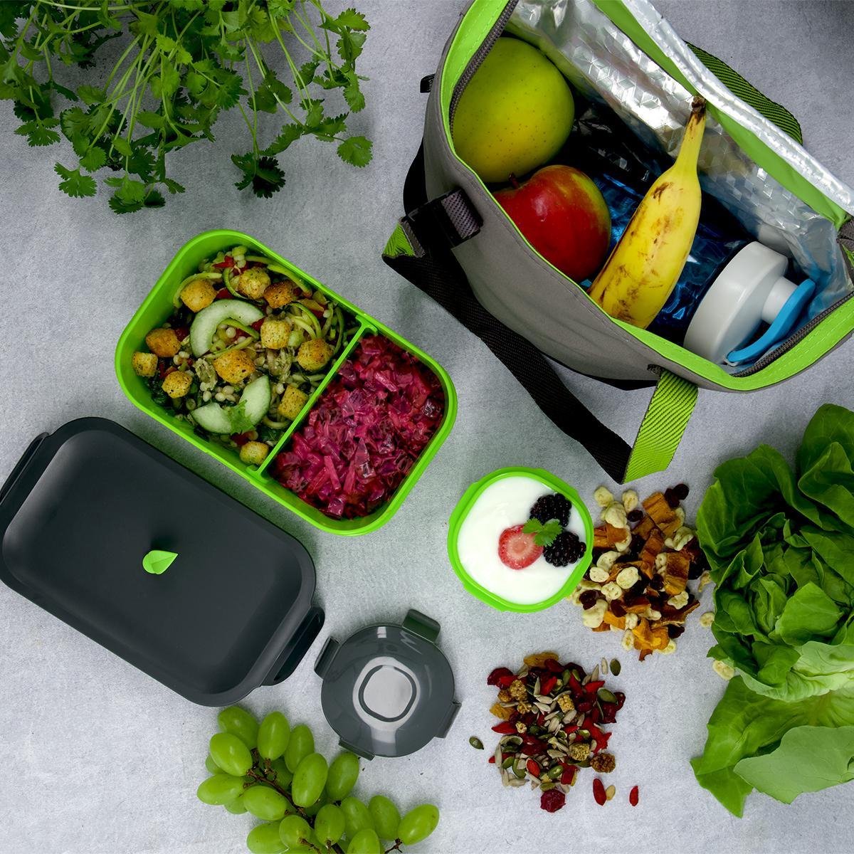  Homra Lunchset In Tas BREAQ Green - Broodtrommel - Yoghurtbeker - Koeltas - Lunch To Go - Duurzaam Kunststof - BPA Vrij - Lunchtrommel - Magnetron, Diepvries, Vaatwasser Bestendig - Grijs Met Groen - Picknick - Kantoor - School - Vers Houden