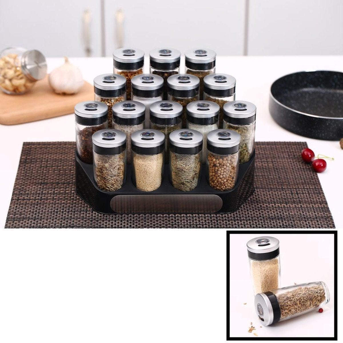 Merkloos Decopatent® Kruidenrek Incl. 16 Glazen Kruiden Potjes - Rvs Strooideksel - Staand Kruiden &amp; Specerijen Rek - Kruidenpotjes Glas