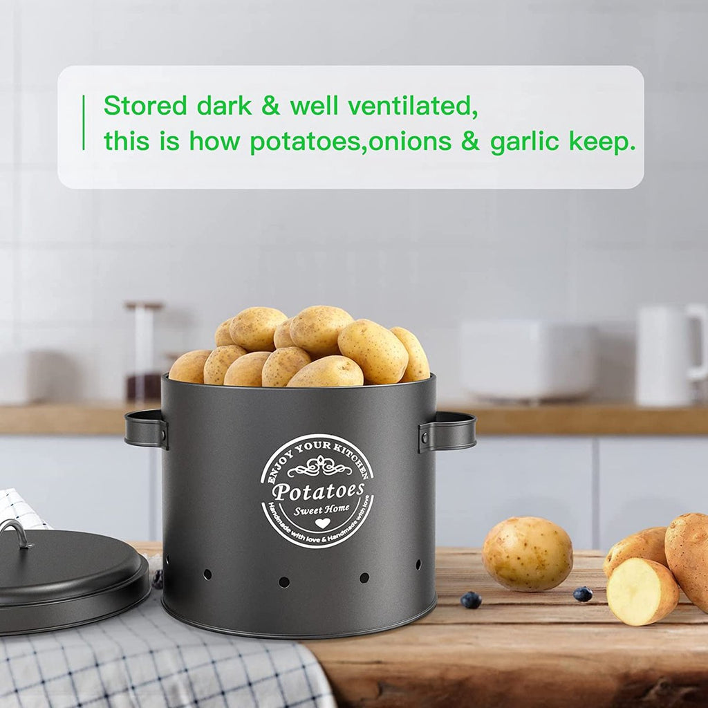  Professionele Bewaardozen - Set Van 3 - Voor Aardappels, Uien En Knoflook - Retro Design - Voorraadcontainer Van Metaal - Keukenopslag - Groentes Bewaren Voor Lange Tijd - Perfect Cadeau Voor In De Keuken