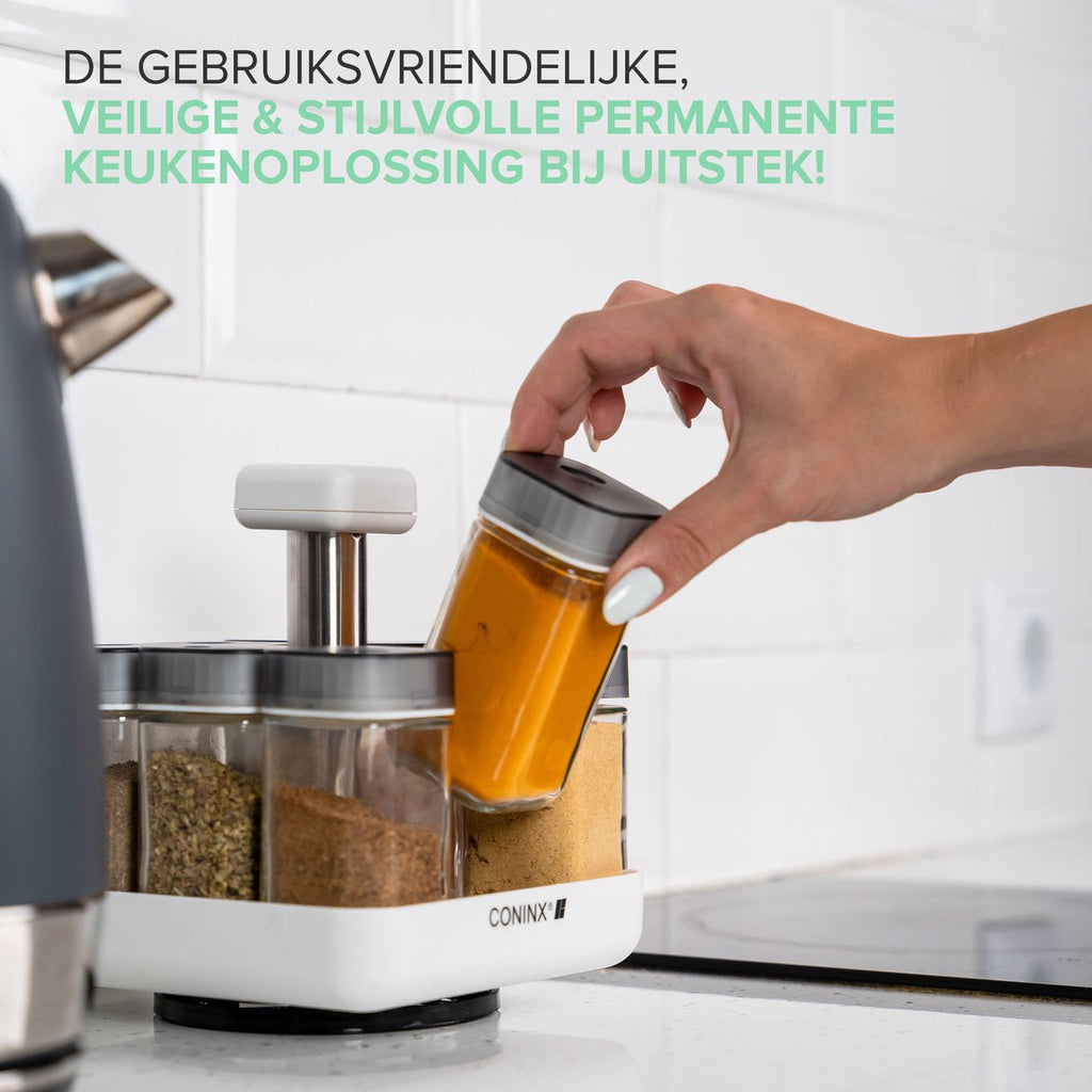  Coninx Kruidenrek Staand - Draaiend Kruidenrek Met Glazen Potjes - Kruidencarrousel Draaibaar - 8 Kruidenpotjes - Wit / RVS
