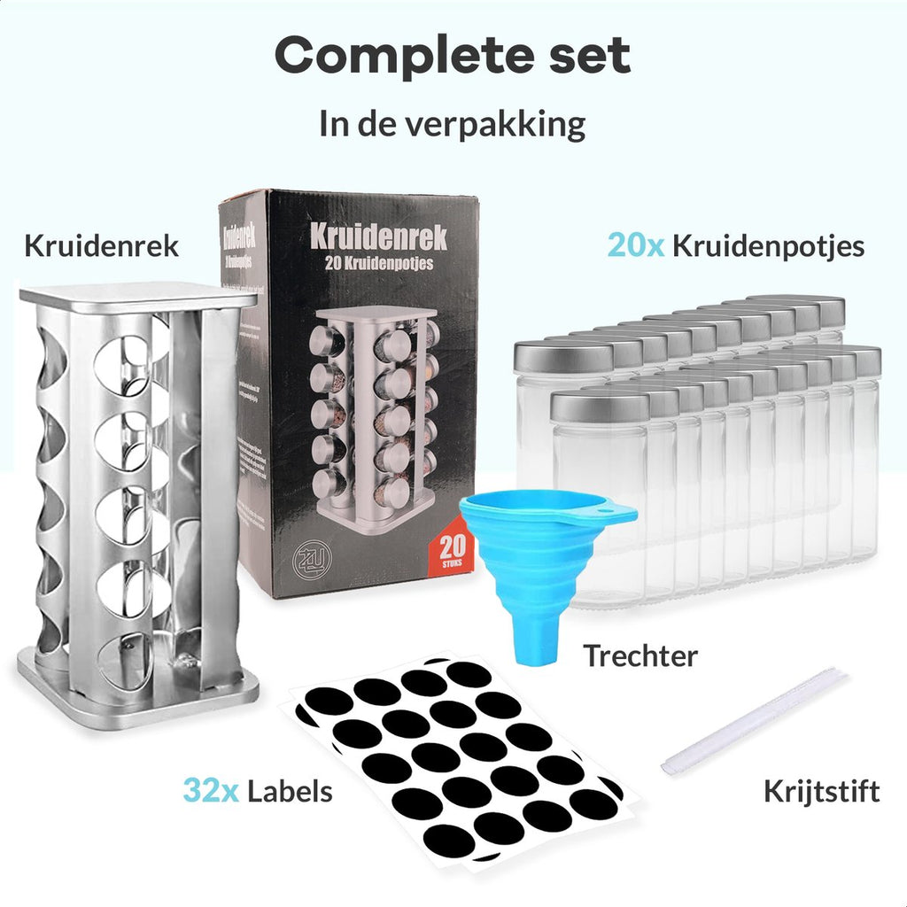  LuZana® Draaibaar Kruidenrek -RVS- Staand Met Potjes - 20 Kruidenpotjes Met Strooideksel – Incl. Labels, Krijtstift En Trechter