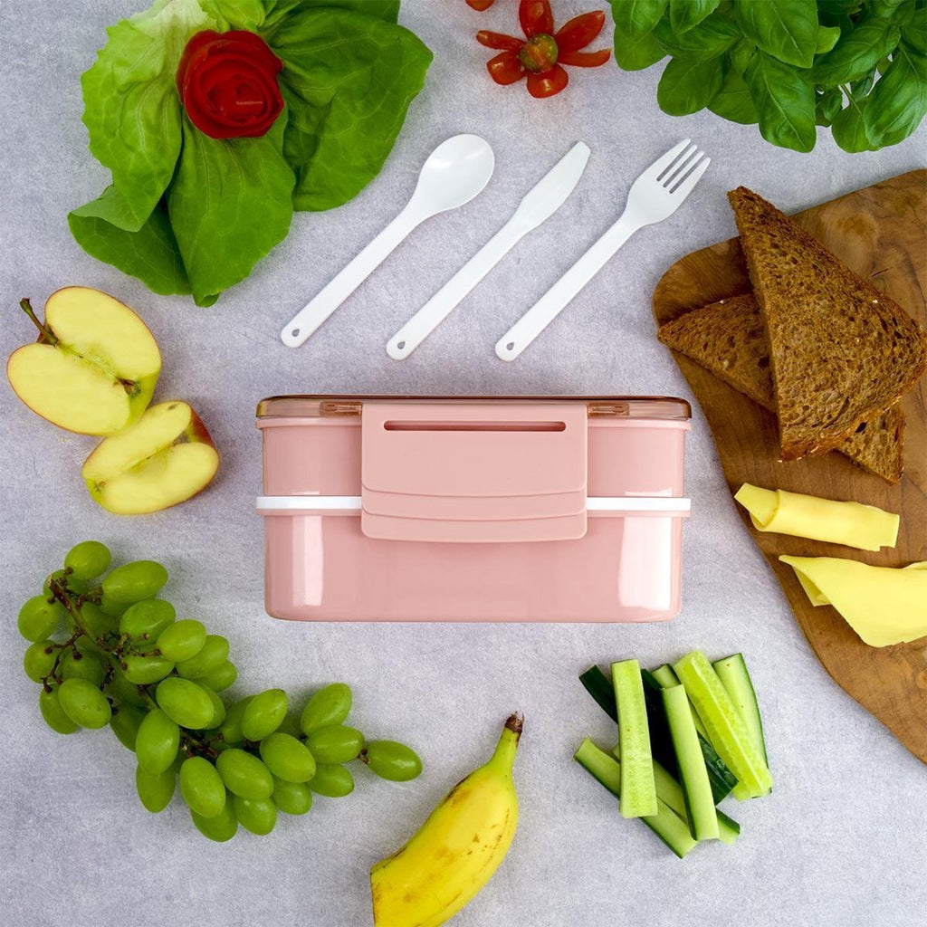  Homra Lunchbox STAQS Pink - Bento Box - 2 Laags Broodtrommel - 3 Compartimenten - Roze - Lunch To Go - Duurzaam Kunststof - BPA Vrij - 3 Vaks Lunchtrommel Voor Volwassenen - Inclusief Bestek - Magnetron, Diepvries, Vaatwasser Bestendig - Vers Houden