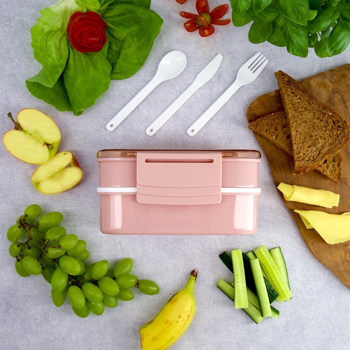  Homra Lunchbox STAQS Pink - Bento Box - 2 Laags Broodtrommel - 3 Compartimenten - Roze - Lunch To Go - Duurzaam Kunststof - BPA Vrij - 3 Vaks Lunchtrommel Voor Volwassenen - Inclusief Bestek - Magnetron, Diepvries, Vaatwasser Bestendig - Vers Houden