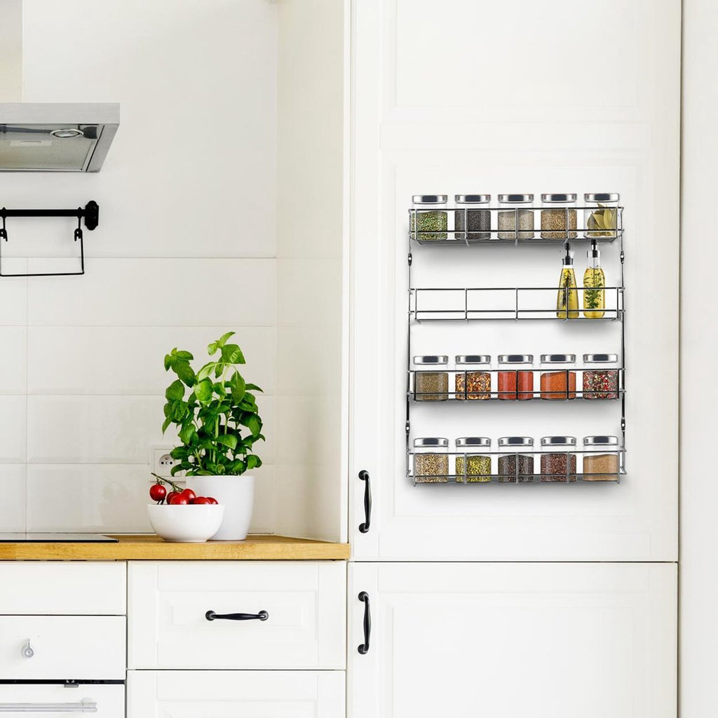  KitchenBrothers Ophangbaar Kruidenrek Voor 32 Kruidenpotjes - Spice Rack – Keuken Rek - Kruiden Organizer - Specerijen Opbergen - 4 Laags - 40 X 6.3 X 50 Cm - RVS