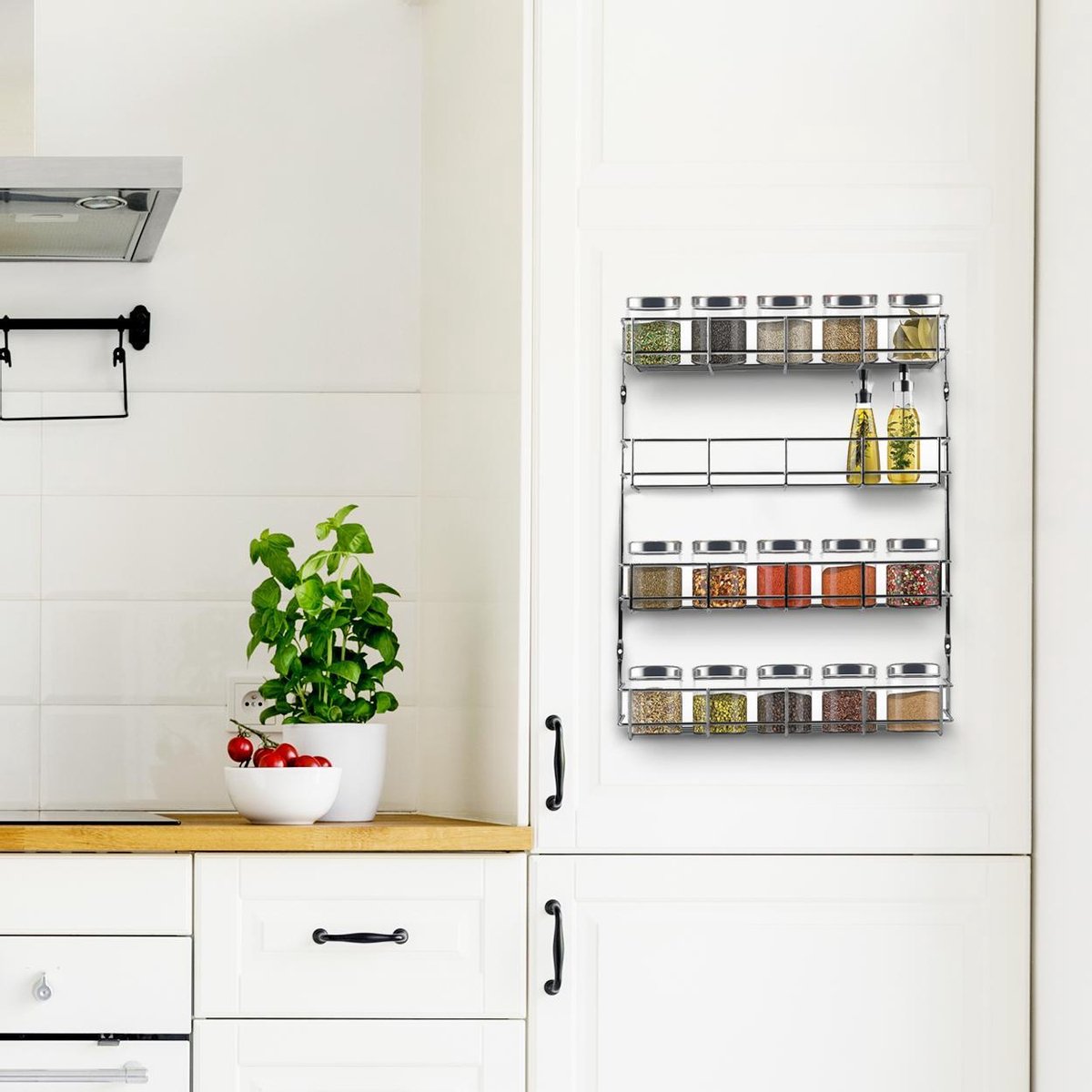  KitchenBrothers Ophangbaar Kruidenrek Voor 32 Kruidenpotjes - Spice Rack – Keuken Rek - Kruiden Organizer - Specerijen Opbergen - 4 Laags - 40 X 6.3 X 50 Cm - RVS