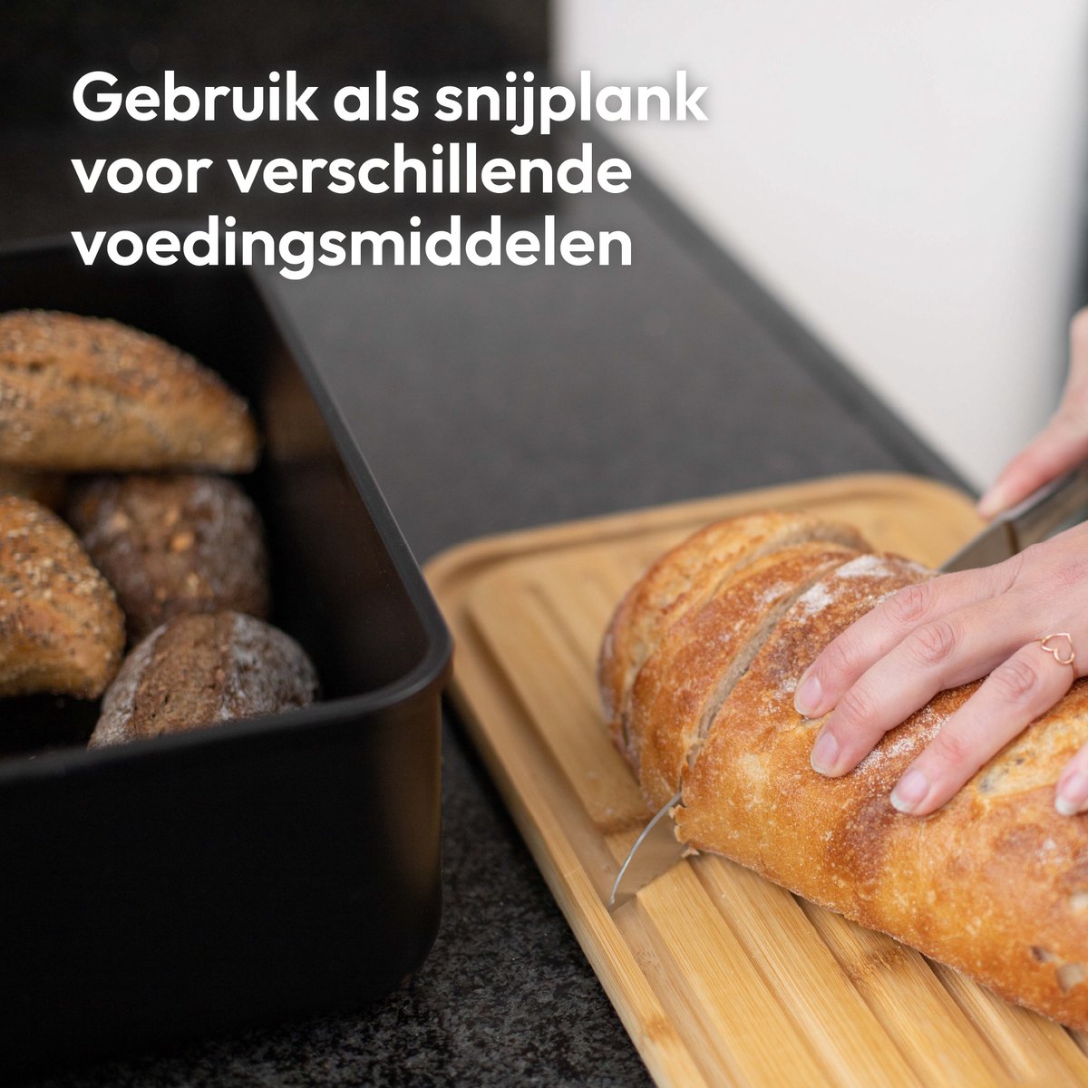  Gadgy Broodtrommel Met Bamboe Deksel – Brooddoos Met Snijplank - 36x19.5x11.5 Cm- Zwart