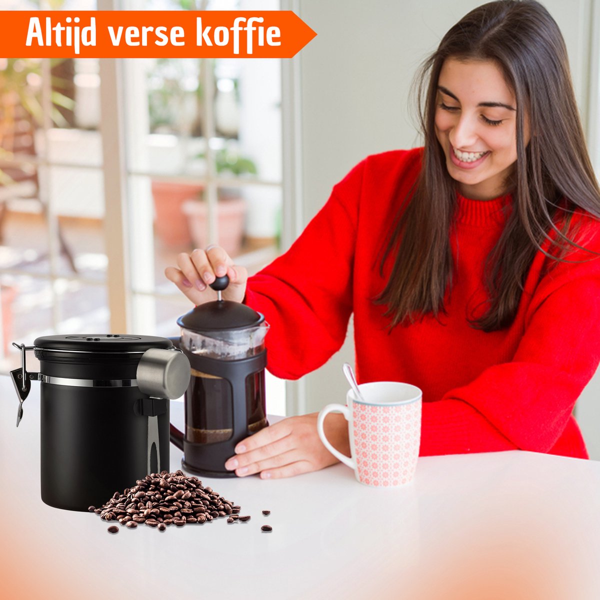  Koffie Bewaarbus Luchtdicht Met CO2 Uitlaat - Koffieblik Bewaarblik Voor 500 Gr Koffiebonen - Zwart - 1.2L