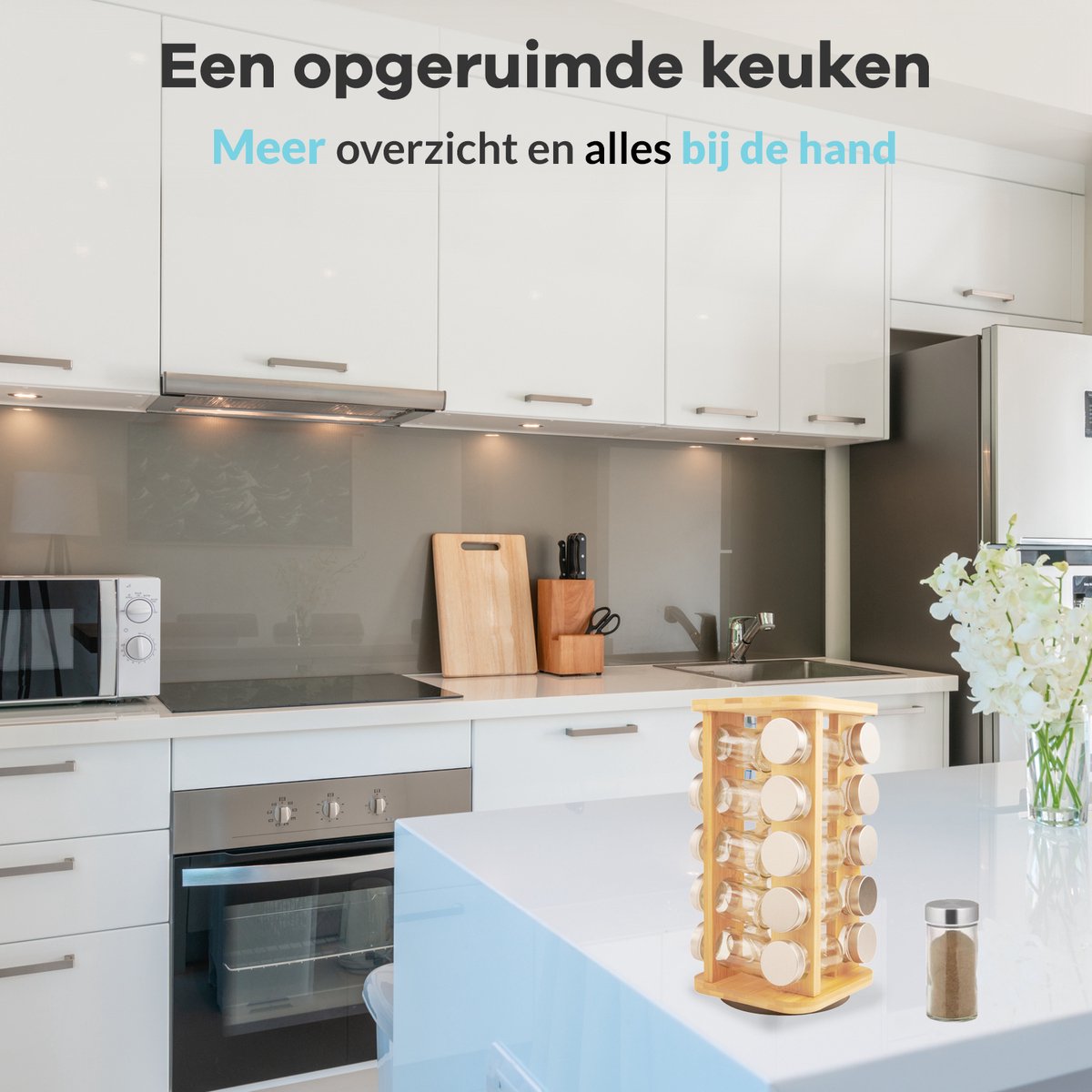  LuZana® Draaibaar Kruidenrek Staand Met Potjes - Bamboe- 20 Kruidenpotjes Met Strooideksel – Incl. Labels, Krijtstift En Trechter