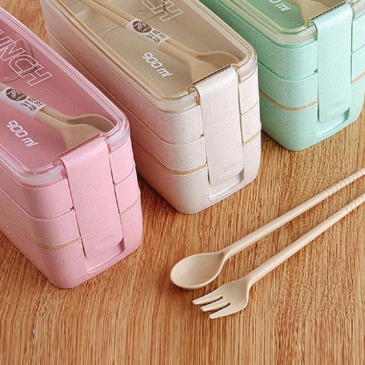  Bento Lunchbox - Lunchtrommel 900ml 3 Laags - Inclusief Bestek - Beige - Opline