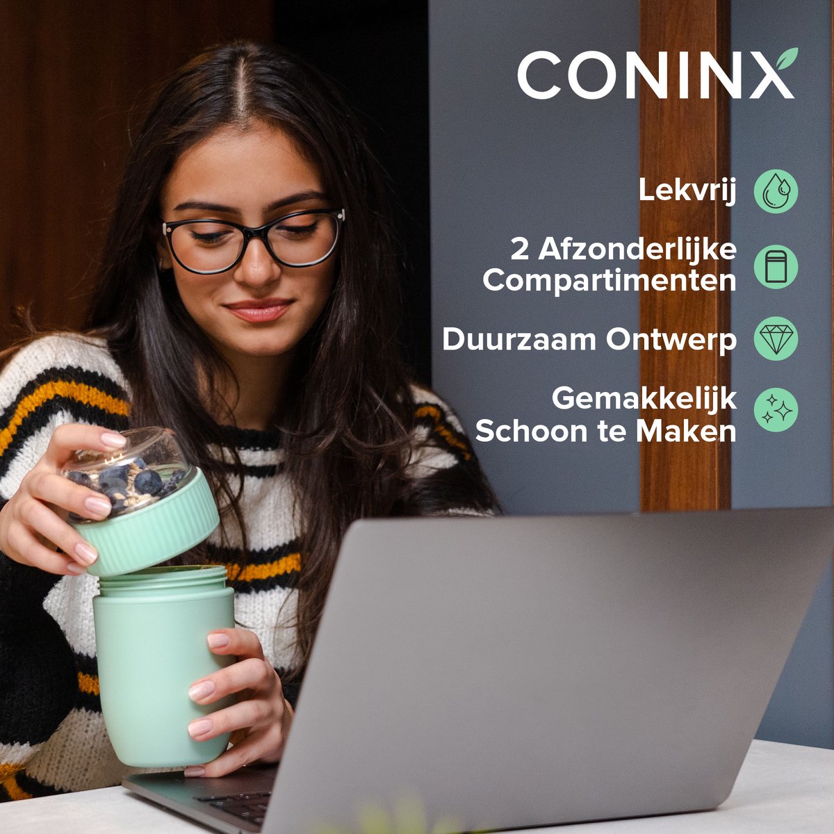  Coninx Yoghurtbeker To Go - Muesli Beker To Go - Lunchbeker - Mueslibeker 640ml (450ml+190ml) - Groen