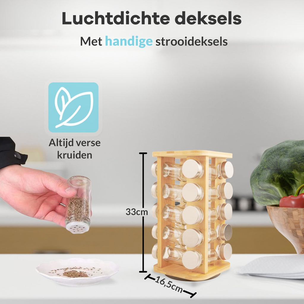  LuZana® Draaibaar Kruidenrek Staand Met Potjes - Bamboe- 20 Kruidenpotjes Met Strooideksel – Incl. Labels, Krijtstift En Trechter