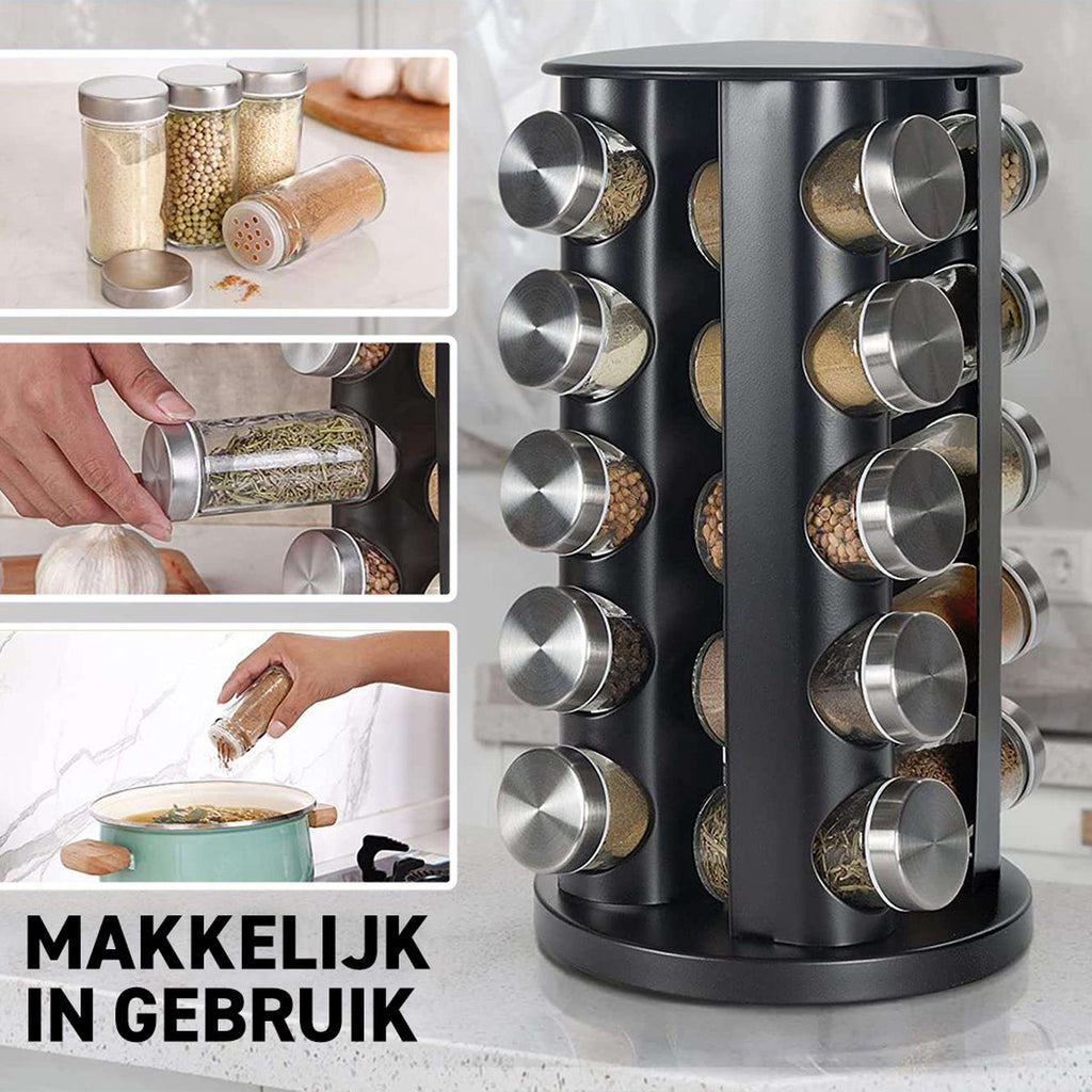 Merkloos Draaibaar Kruidenrek Met 20 Kruidenpotjes - Kruidenrek Staand - Aanrecht Organiser - Glazen Potjes Met Deksel - Inclusief 32 Etiketten En 1 Uitwisbare Stift - Ronde Afwerking - Zwart
