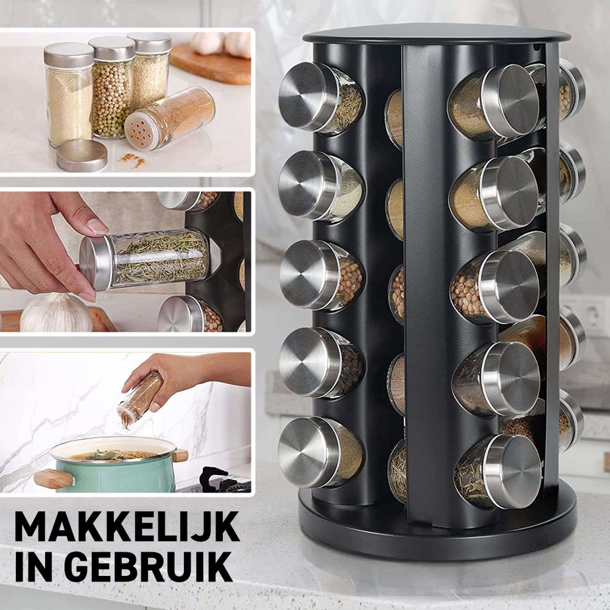 Merkloos Draaibaar Kruidenrek Met 20 Kruidenpotjes - Kruidenrek Staand - Aanrecht Organiser - Glazen Potjes Met Deksel - Inclusief 32 Etiketten En 1 Uitwisbare Stift - Ronde Afwerking - Zwart