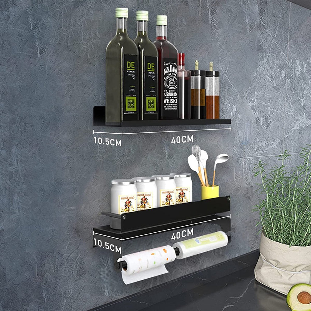Merkloos Kruidenrek Met Rolhouder, Keuken Organizer, Kruidenrek Met/zonder Boren, Kruidenrek, Wandorganizer Voor Specerijen, Set Van 2 Zwarte Keukenrekken, Kruidenrek Ophangbaar, Wandrek, Staal, Zwart, Keukenrek