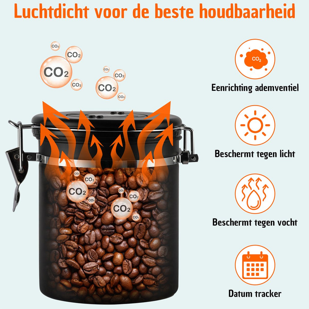  Koffie Bewaarbus Luchtdicht Met CO2 Uitlaat - Koffieblik Bewaarblik Voor 500 Gr Koffiebonen - Zwart - 1.2L