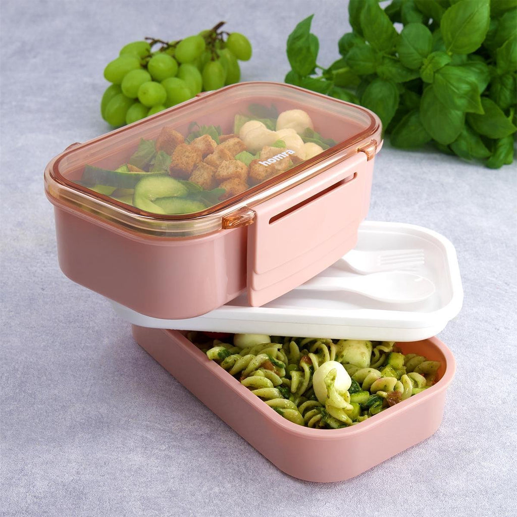  Homra Lunchbox STAQS Pink - Bento Box - 2 Laags Broodtrommel - 3 Compartimenten - Roze - Lunch To Go - Duurzaam Kunststof - BPA Vrij - 3 Vaks Lunchtrommel Voor Volwassenen - Inclusief Bestek - Magnetron, Diepvries, Vaatwasser Bestendig - Vers Houden