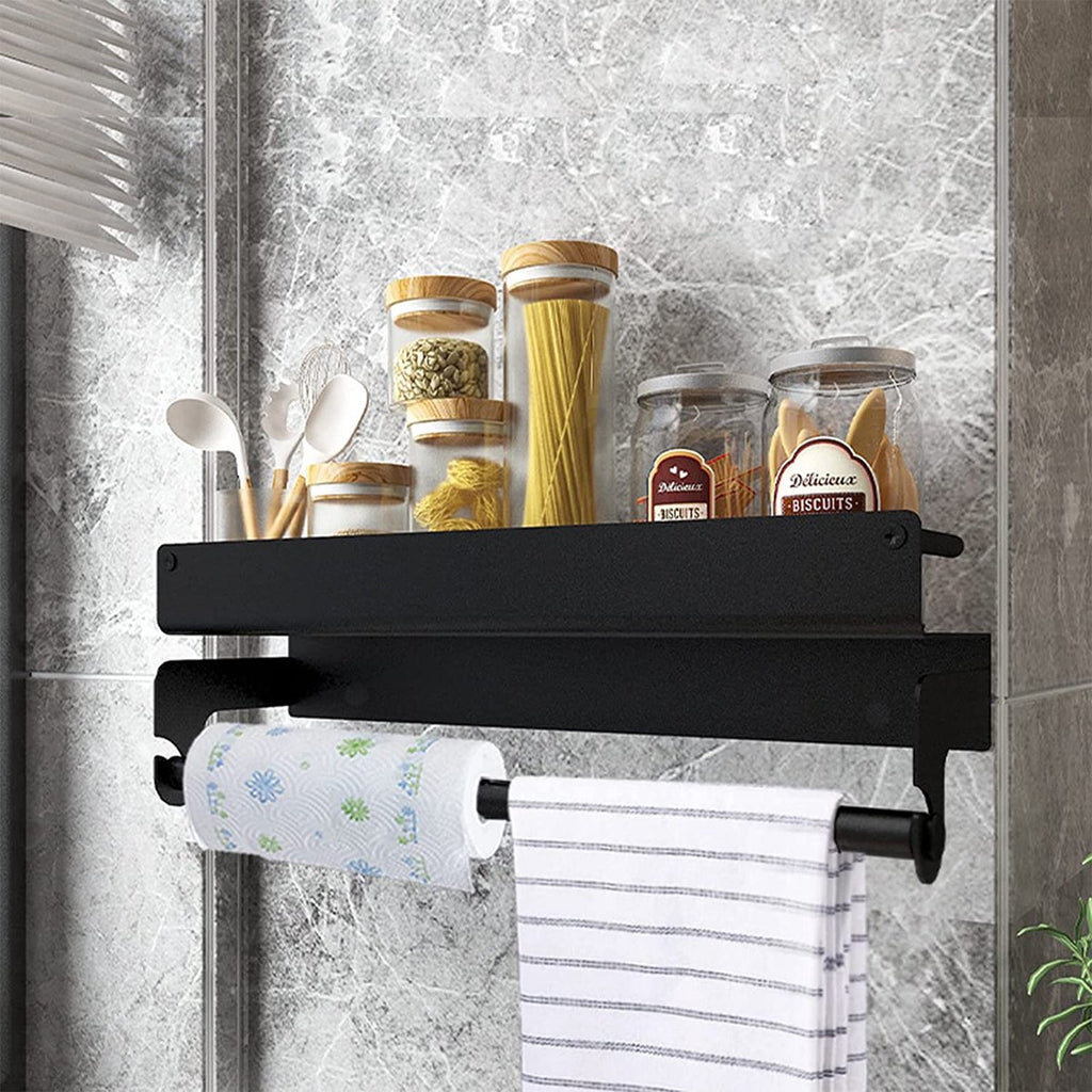 Merkloos Kruidenrek Met Rolhouder, Keuken Organizer, Kruidenrek Met/zonder Boren, Kruidenrek, Wandorganizer Voor Specerijen, Set Van 2 Zwarte Keukenrekken, Kruidenrek Ophangbaar, Wandrek, Staal, Zwart, Keukenrek