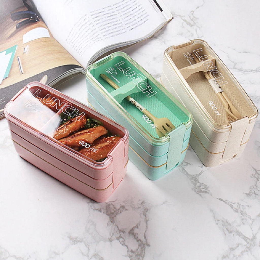  Bento Lunchbox - Lunchtrommel 900ml 3 Laags - Inclusief Bestek - Beige - Opline