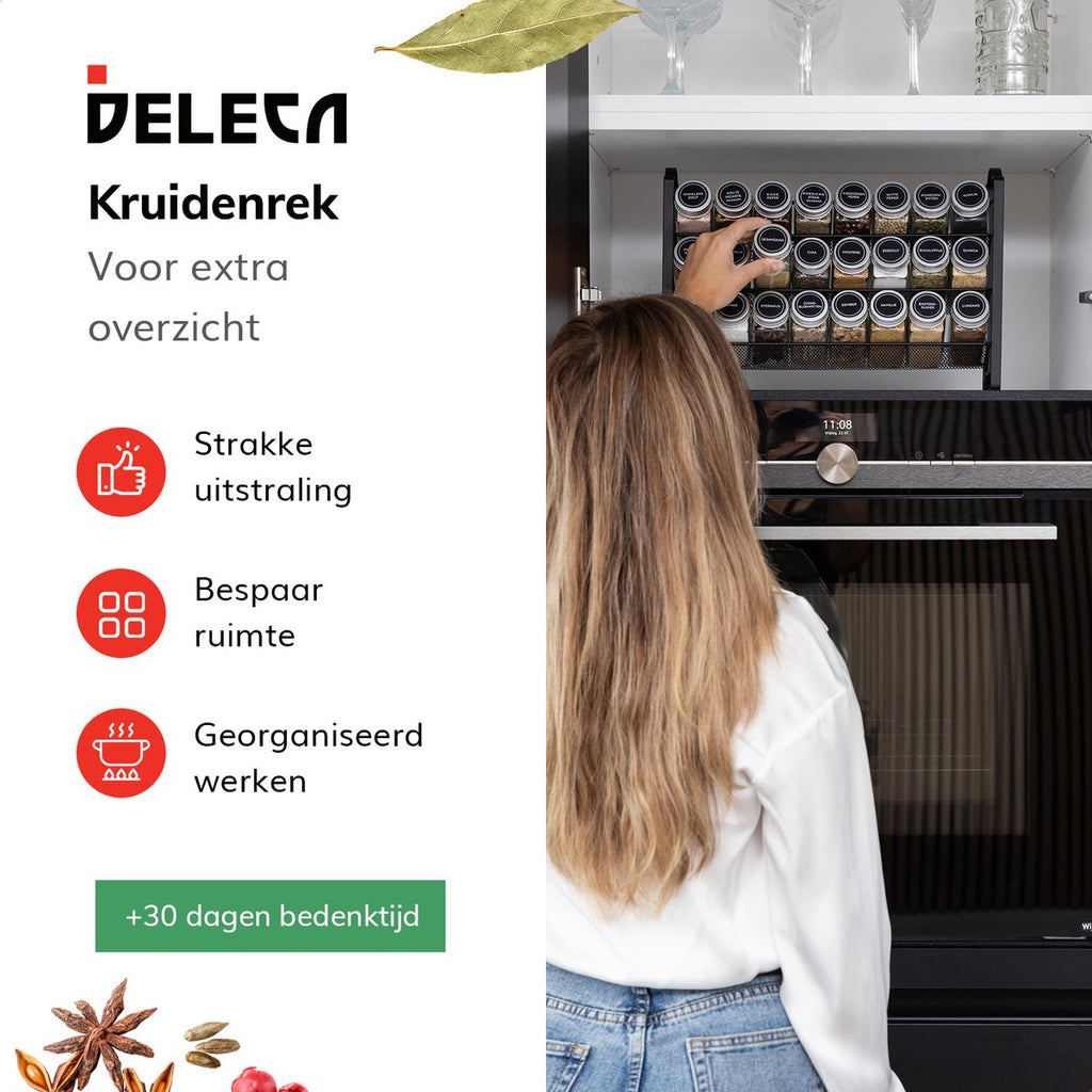  Deleca Kruidenrek Organizer Met 24 Kruidenpotjes - Vierkant - Strooideksel &amp; Labels - Ophangbaar Of Staand - Industrieel / Zwart
