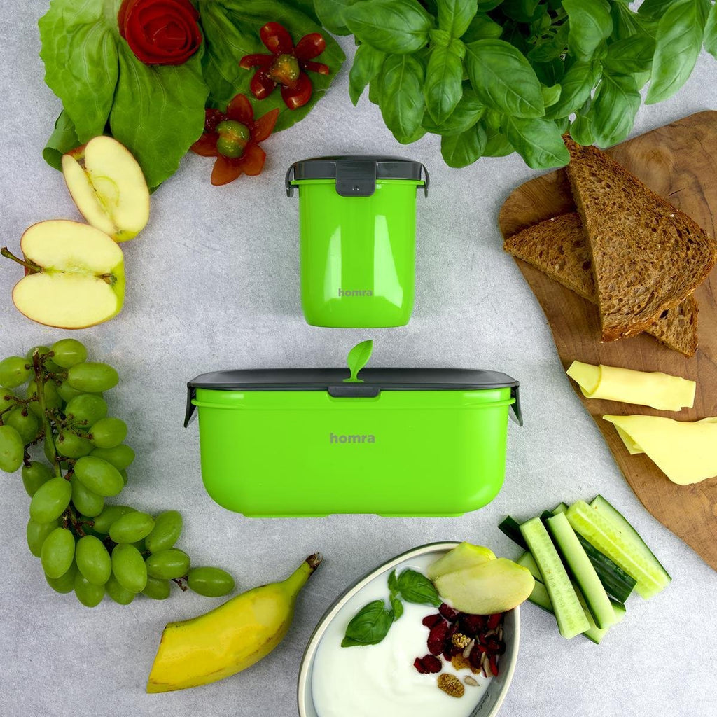 Homra Lunchset In Tas BREAQ Green - Broodtrommel - Yoghurtbeker - Koeltas - Lunch To Go - Duurzaam Kunststof - BPA Vrij - Lunchtrommel - Magnetron, Diepvries, Vaatwasser Bestendig - Grijs Met Groen - Picknick - Kantoor - School - Vers Houden