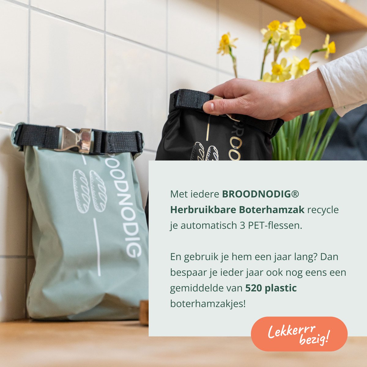  BROODNODIG® - Herbruikbare Boterhamzak - Van 100% Gerecyclede PET-flessen - Ideaal Als Diepvrieszakjes - Lunchzak - Herbruikbaar Boterhamzakje - Foodwrap - Lunchbox - 30x20cm - Zwart