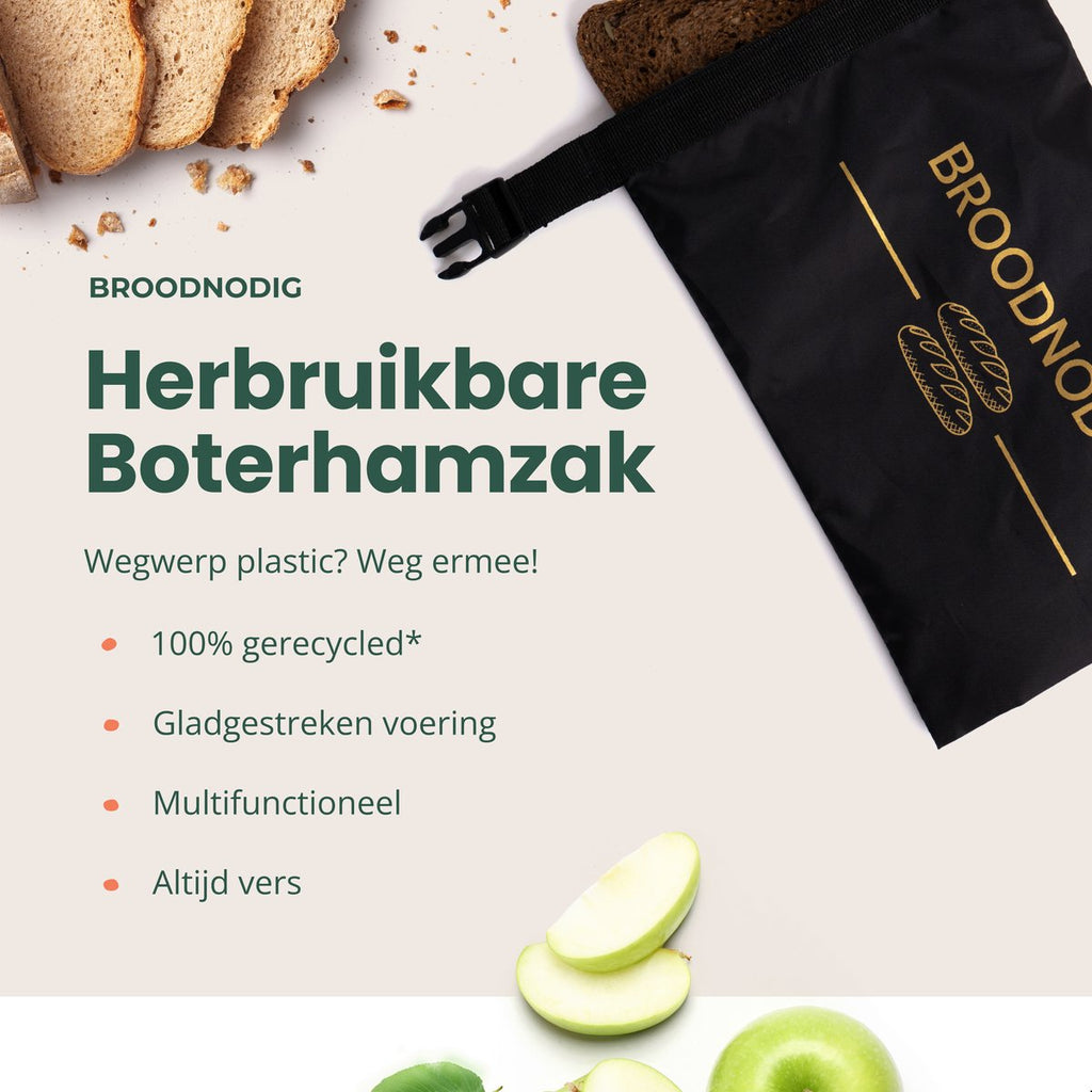  BROODNODIG® - Herbruikbare Boterhamzak - Van 100% Gerecyclede PET-flessen - Ideaal Als Diepvrieszakjes - Lunchzak - Herbruikbaar Boterhamzakje - Foodwrap - Lunchbox - 30x20cm - Zwart