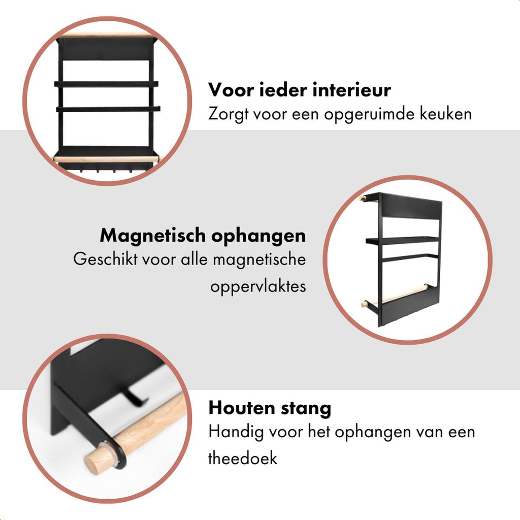  QUVIO Keukenrekje Van Metaal Magnetisch - Kruidenrek - Keuken Opbergrek Voor Kruiden, Handdoeken En Opscheplepels - Zwart