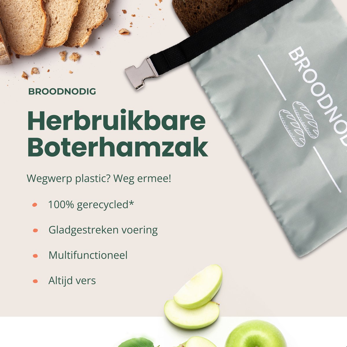  BROODNODIG® - Herbruikbare Boterhamzak - Van 100% Gerecyclede PET-flessen - Ideaal Als Diepvrieszakjes - Lunchzak - Herbruikbaar Boterhamzakje - Foodwrap - Lunchbox - 30x20cm - Pastel Groen