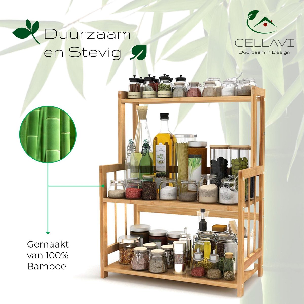  Cellavi Duurzaam Kruidenrek Staand Van Bamboe - Keukenrek Verstelbaar - Keuken Accessoires - Stevige Constructie - Multifunctioneel En Waterafstotend