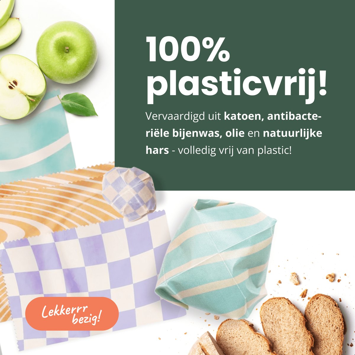  BROODNODIG® - Bijenwas Wraps (Bijenwas Doek) - Set Van 4 - 1S, 2M, 1L - Foodwrap - Beeswax Wraps - Bee Wrap - Beewax - Bijenwasdoek - Zero Waste - Duurzaam Cadeau - Herbruikbaar Boterhamzakje