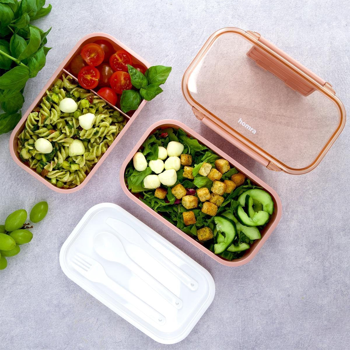  Homra Lunchbox STAQS Pink - Bento Box - 2 Laags Broodtrommel - 3 Compartimenten - Roze - Lunch To Go - Duurzaam Kunststof - BPA Vrij - 3 Vaks Lunchtrommel Voor Volwassenen - Inclusief Bestek - Magnetron, Diepvries, Vaatwasser Bestendig - Vers Houden