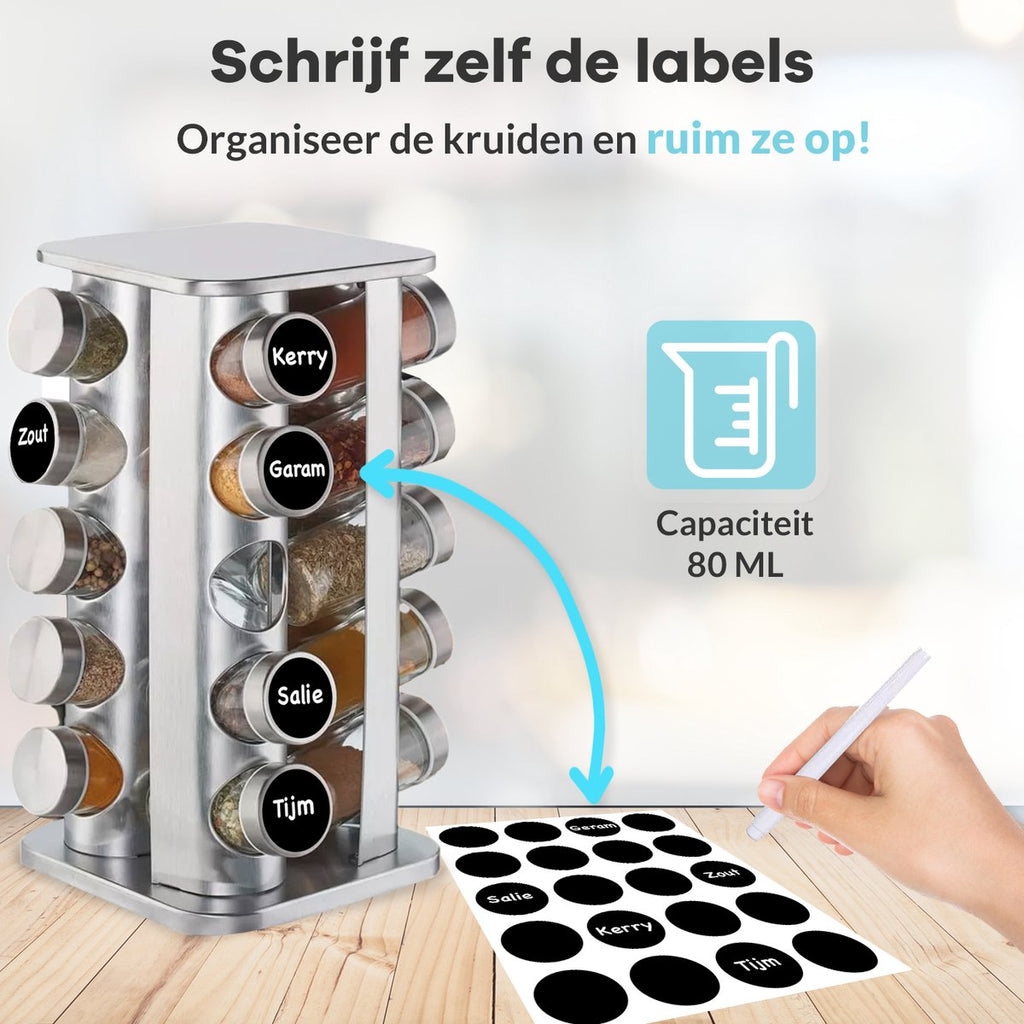  LuZana® Draaibaar Kruidenrek -RVS- Staand Met Potjes - 20 Kruidenpotjes Met Strooideksel – Incl. Labels, Krijtstift En Trechter