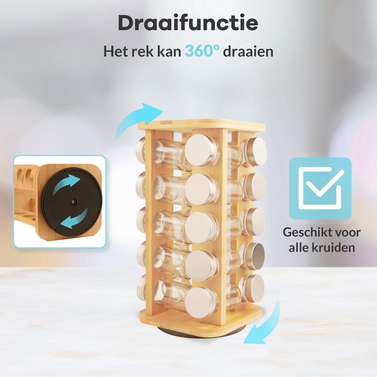  LuZana® Draaibaar Kruidenrek Staand Met Potjes - Bamboe- 20 Kruidenpotjes Met Strooideksel – Incl. Labels, Krijtstift En Trechter