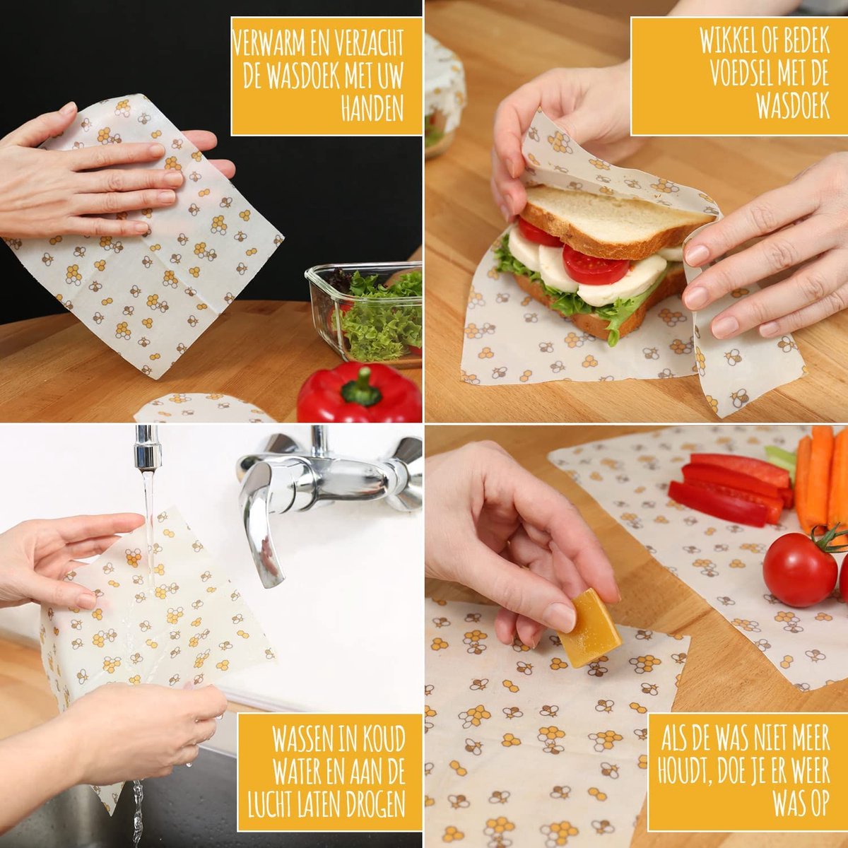  Amazy Bijenwasdoekjes (Set Van 7) - Gemaakt Van 100% Natuurlijke Bijenwas | Duurzaam Alternatief Voor Huishoudfolie En Aluminiumfolie - Voor Fruit, Groenten, Brood, Kaas En Ander Voedsel | Gecertificeerd