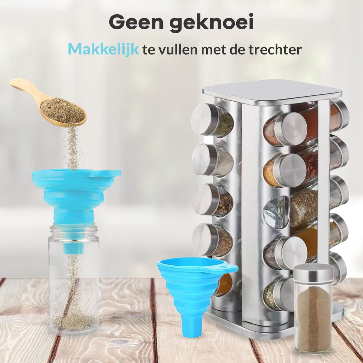 LuZana® Draaibaar Kruidenrek -RVS- Staand Met Potjes - 20 Kruidenpotjes Met Strooideksel – Incl. Labels, Krijtstift En Trechter