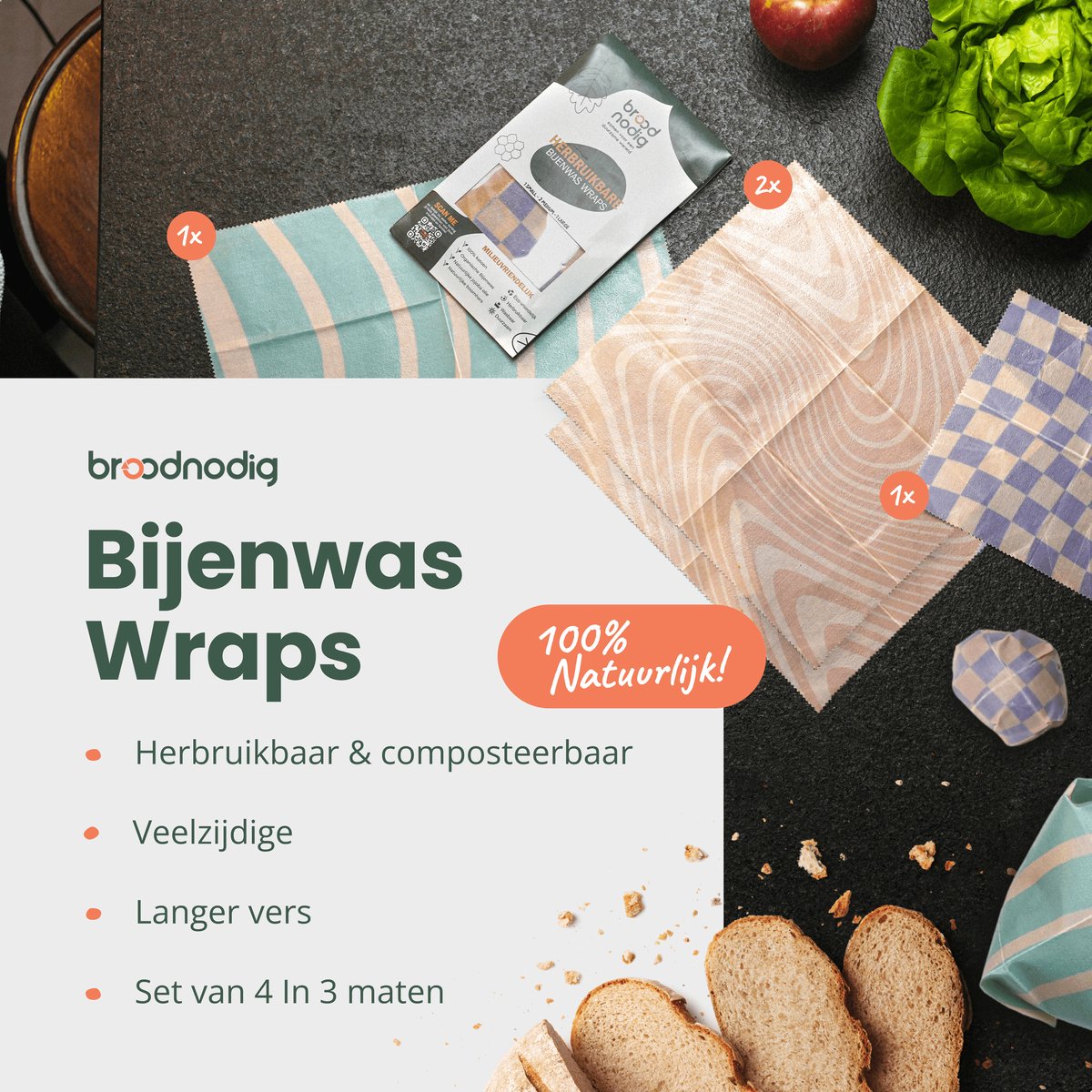  BROODNODIG® - Bijenwas Wraps (Bijenwas Doek) - Set Van 4 - 1S, 2M, 1L - Foodwrap - Beeswax Wraps - Bee Wrap - Beewax - Bijenwasdoek - Zero Waste - Duurzaam Cadeau - Herbruikbaar Boterhamzakje