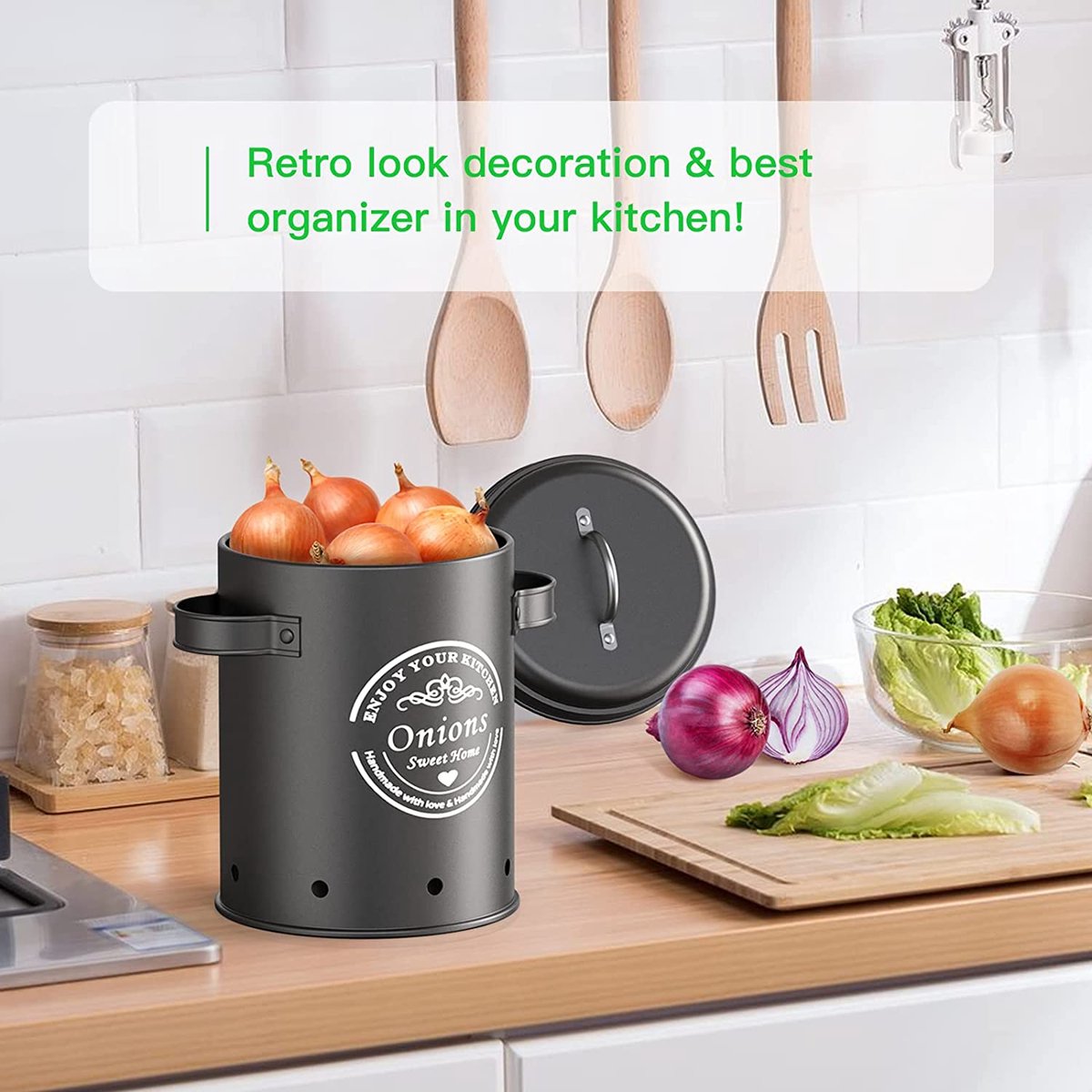  Professionele Bewaardozen - Set Van 3 - Voor Aardappels, Uien En Knoflook - Retro Design - Voorraadcontainer Van Metaal - Keukenopslag - Groentes Bewaren Voor Lange Tijd - Perfect Cadeau Voor In De Keuken