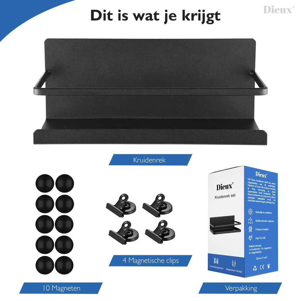  Dieux® - Magnetisch Kruidenrek - Ophangbaar Opbergrek - Keukenrek - Complete Set - Aanrecht Organiser - Badkamerrek - Wandrek - Staal - Zwart - Pasen