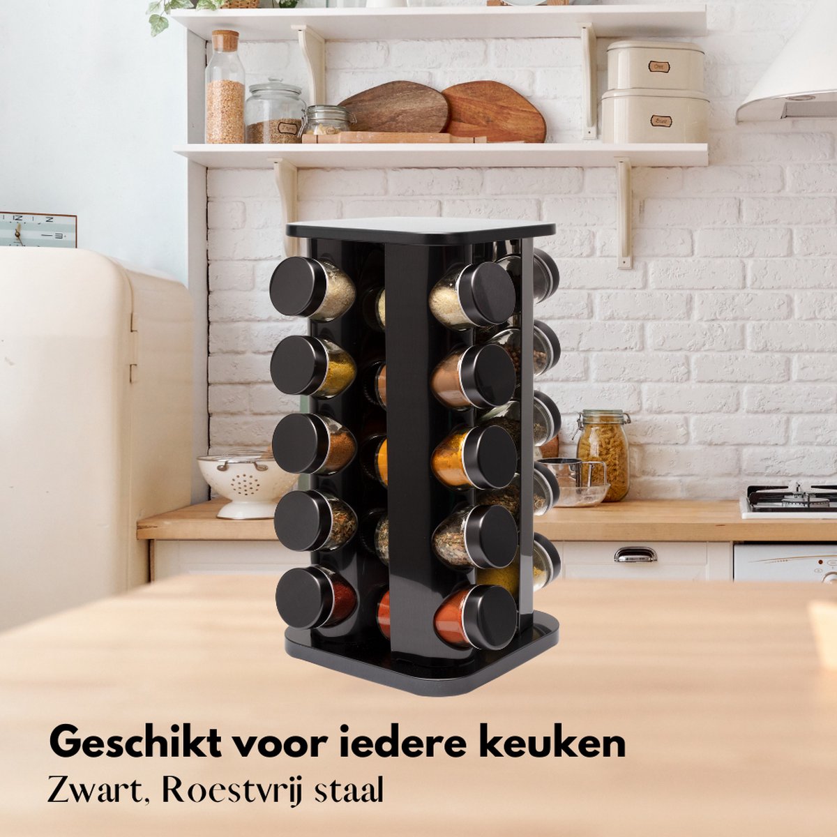  Pazzo Goods - Kruidenrek Staand - Kruidenrek Met Potjes - Zwart - RVS - Kruidenrek Draaibaar - 20 Kruidenpotjes - Inclusief Stickers &amp; Stift - Kruiden Carrousel