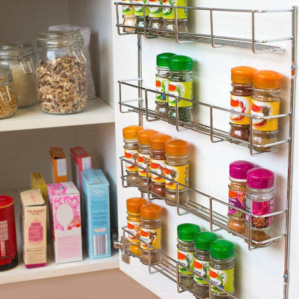  KitchenBrothers Ophangbaar Kruidenrek Voor 32 Kruidenpotjes - Spice Rack – Keuken Rek - Kruiden Organizer - Specerijen Opbergen - 4 Laags - 40 X 6.3 X 50 Cm - RVS