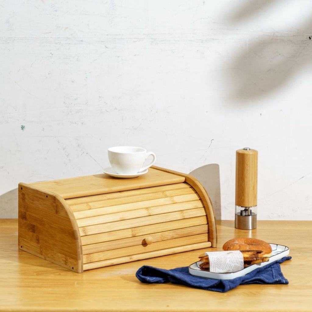 Merkloos Decopatent® Broodtrommel Met Rolluik - Bamboe Houten Brooddoos Met Schuifdeksel - Broodtrommel - Brood Bewaren En Vers Houden